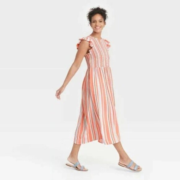 A New Day Women’s Ruffle Sleeve Smocked Midi Dress Orange Stripe Size S NWT - Picture 2 of 3